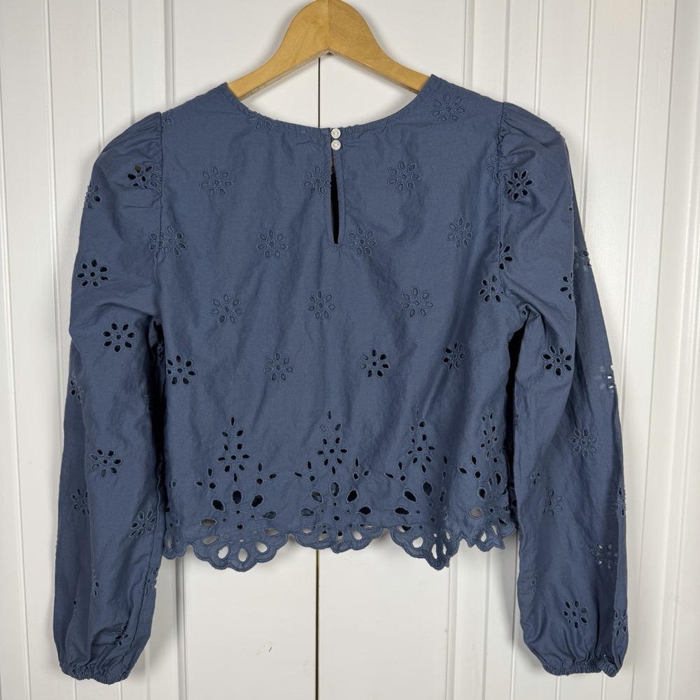 American Eagle Eyelet Crop Top Women's Small Blue Puff Sleeve Keyhole Back - Picture 7 of 10